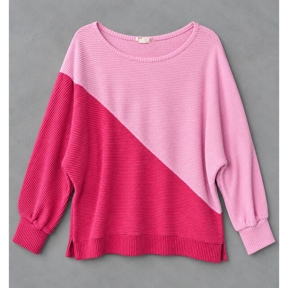Women's Pink Ribbed Colorblock Long Sleeve Shirt | Size XL